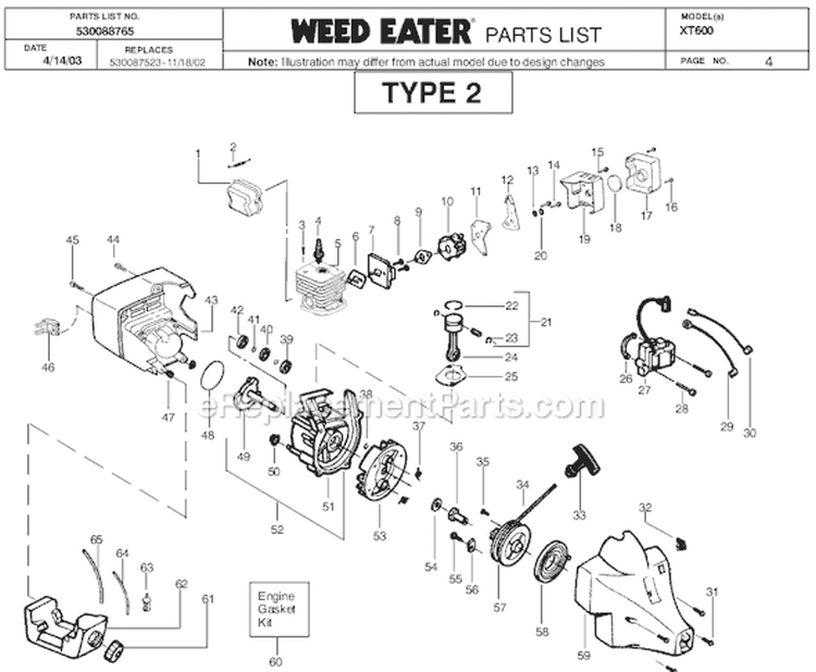 Page D Diagram and Parts List for XT600 Type 6 Weed Eater Trimmer